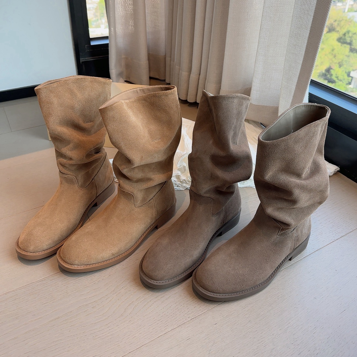丑魅儿 磨砂牛皮堆堆靴女2025新款秋季复古休闲时装靴褶皱中筒靴主图