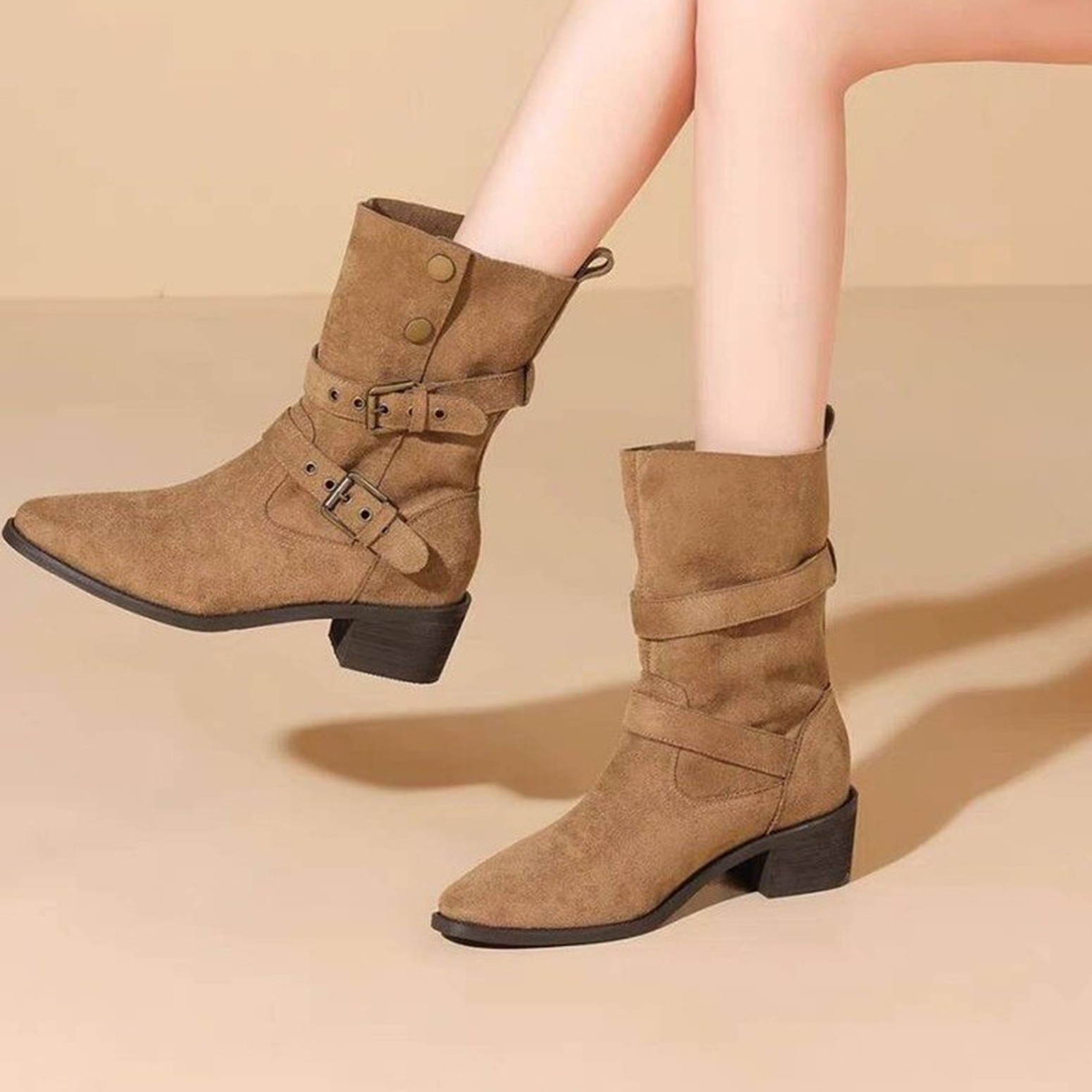 法式粗跟高跟短靴子女2025新款秋冬季爆款美拉德中筒堆堆靴马丁靴主图