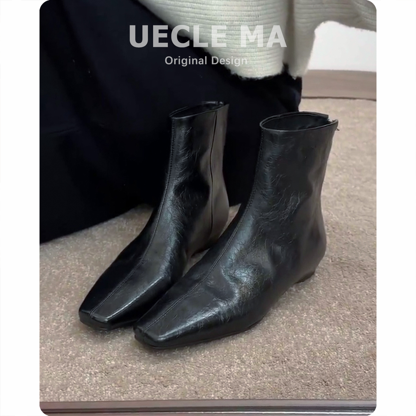 牛皮版~极简风方头短靴女百搭马丁靴真皮切尔西及踝靴法式瘦瘦靴主图