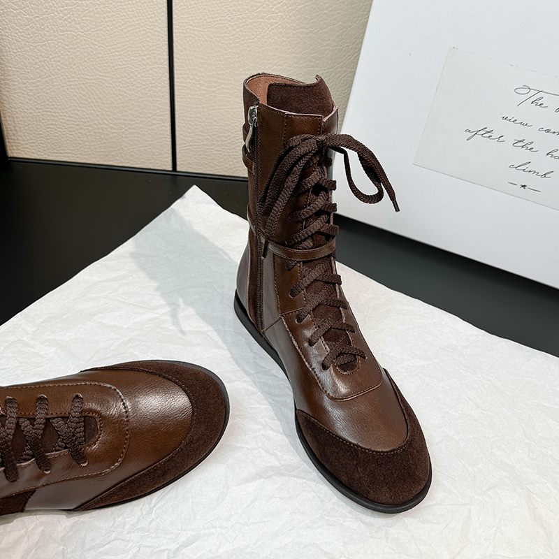 猫熊家复古皮带扣平底马丁靴女2025新款西部拳击靴真皮系带小短靴主图