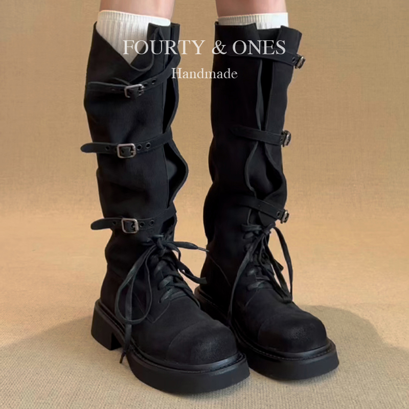 羊皮版~复古风皮带扣长靴女秋冬2025新款厚底高筒靴子绑带骑士靴主图