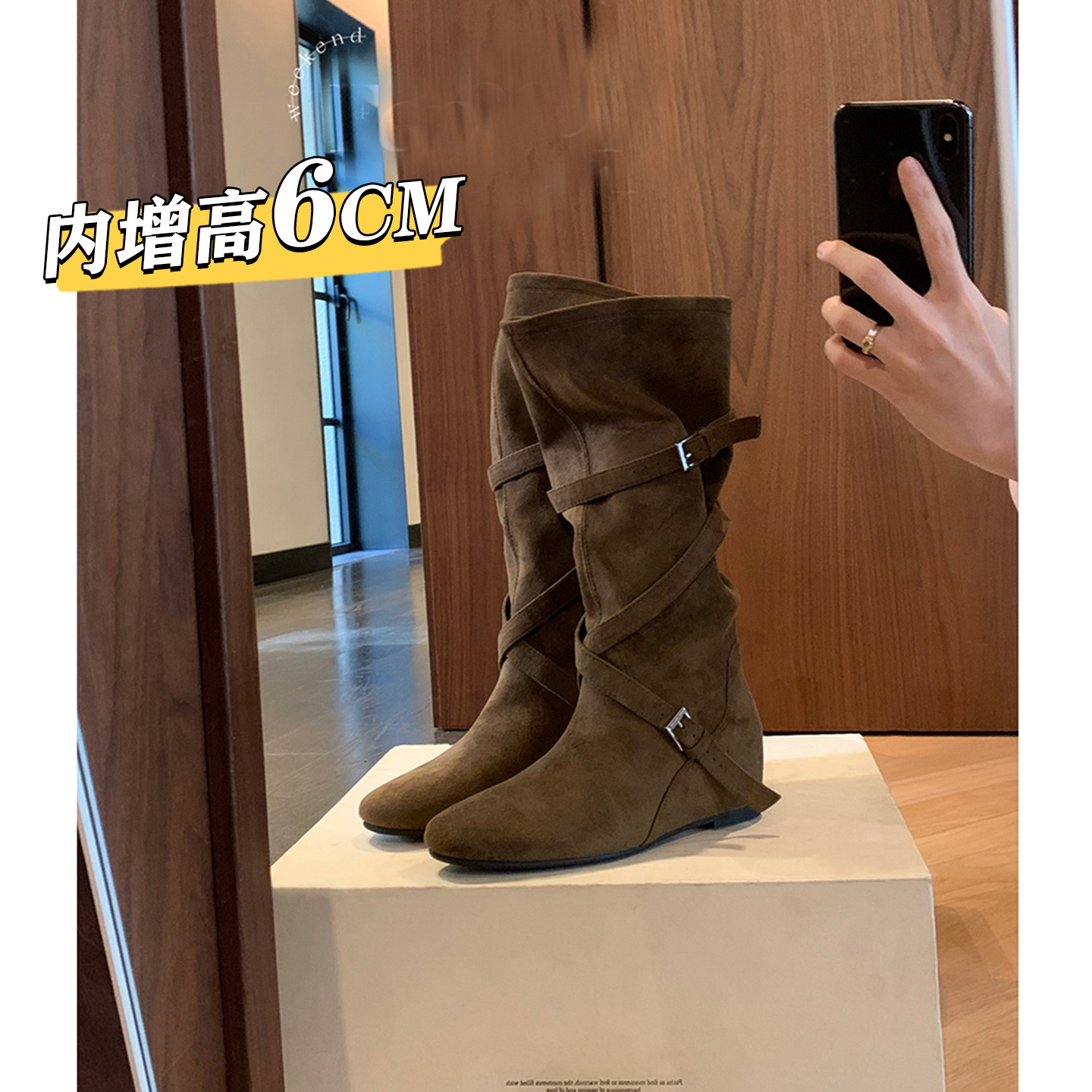 巨好看内增高尖头棕色长筒堆堆靴子女2025新款秋季中筒西部高筒靴主图