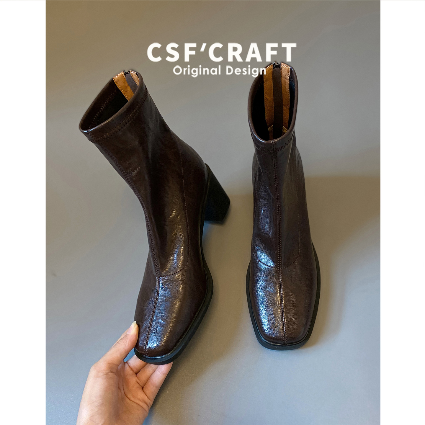 牛皮版~高跟短靴女2025秋冬新款方头马丁靴小个子复古粗跟瘦瘦靴主图