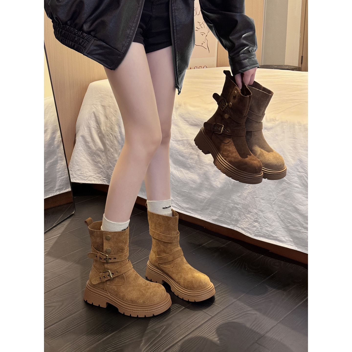 贾不假短靴女2025新款秋季时尚百搭复古增高英伦风配裙子美拉德靴主图