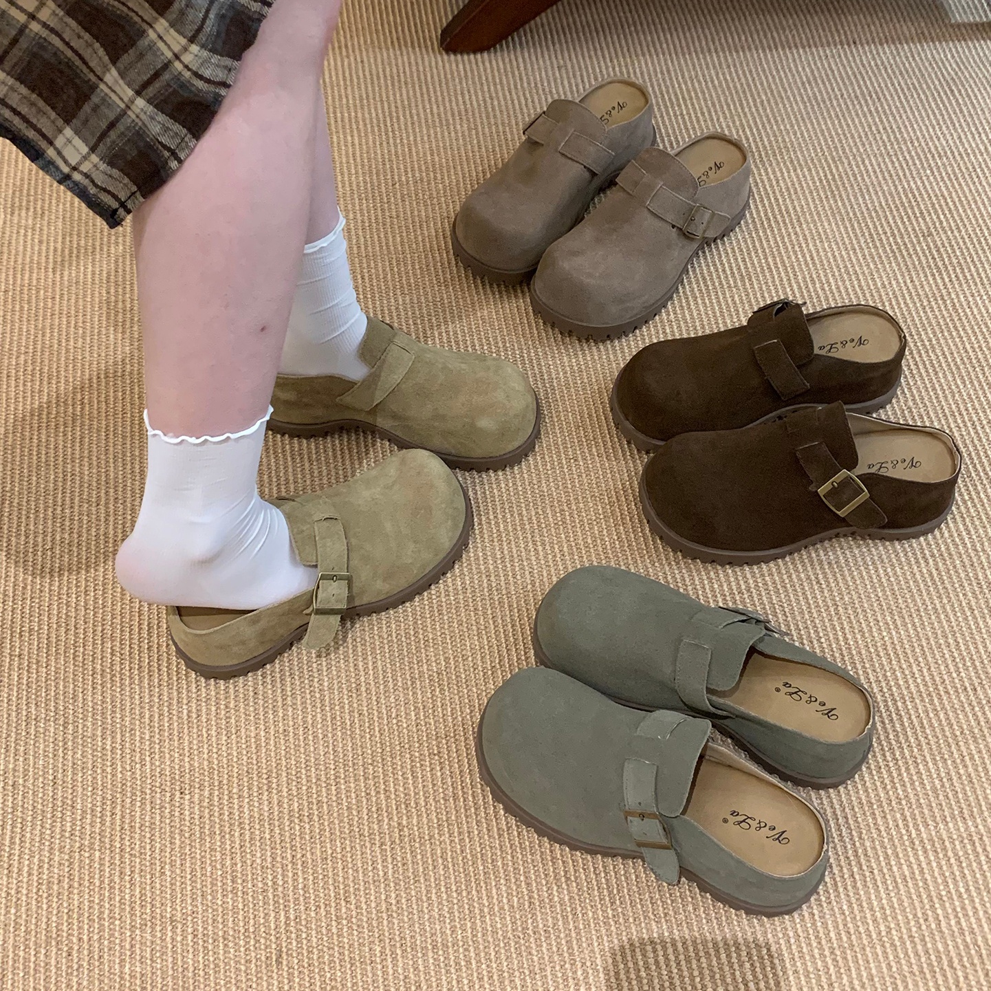 6CM内增高牛皮复古小个子包头半拖鞋2025秋冬厚底时尚穆勒勃肯鞋主图