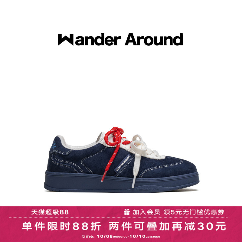 Wander around2025秋季新款藏青拼色厚底增高休闲鞋复古德训鞋女主图