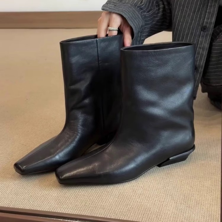 羊皮版~小众设计感方头粗跟短靴女2025新款英伦风真皮显瘦时装靴主图