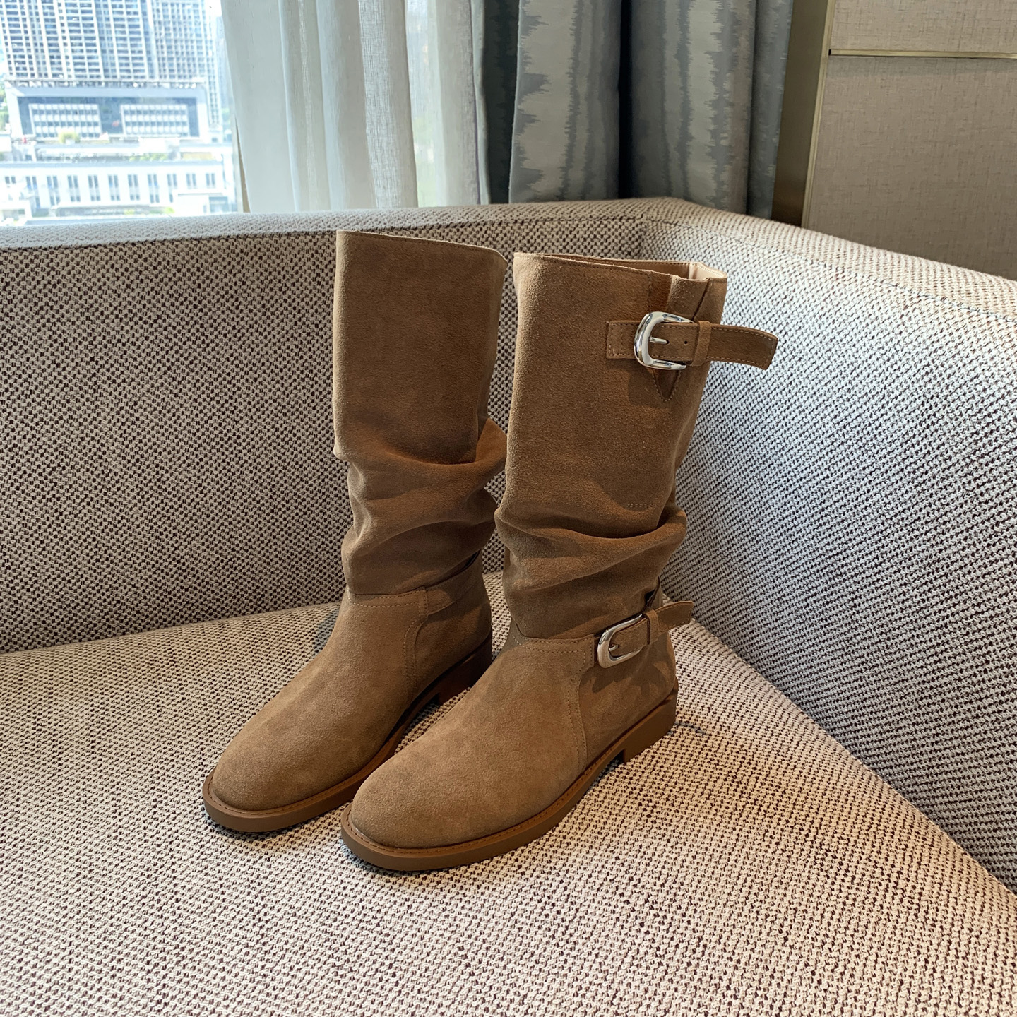 韩版复古英伦风堆堆靴新款西部时装靴女粗跟两穿高筒靴百搭骑士靴主图