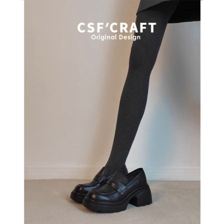 羊皮版~真皮厚底松糕一脚蹬乐福鞋女复古英伦黑色百搭小皮鞋单鞋