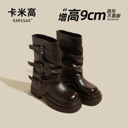 9cm内增高马丁靴女2025新款秋冬厚底皮带扣小个子英伦风短中筒靴