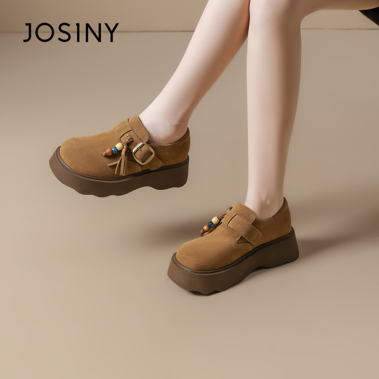 卓诗尼全包厚底勃肯鞋女2025新款春秋季一脚蹬流苏串珠女鞋子单鞋主图