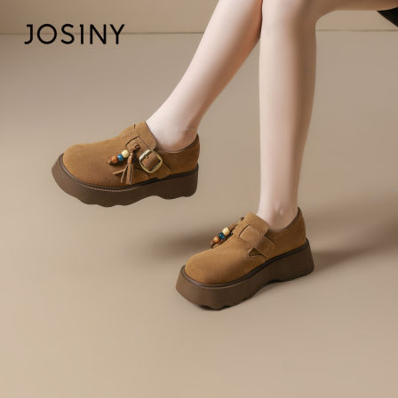 卓诗尼全包厚底勃肯鞋女2025新款春秋季一脚蹬流苏串珠女鞋子单鞋