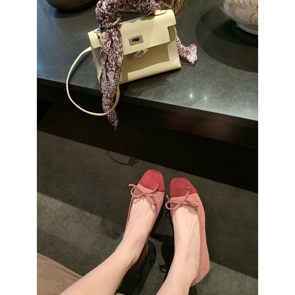 葡萄妈studiolee 经典拼接撞色圆方头蝴蝶结温柔浅口低跟单鞋女主图