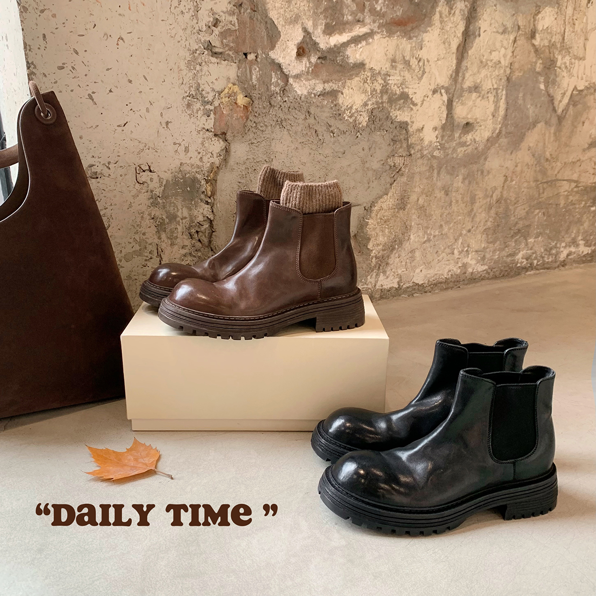 葡萄妈studiolee增高4.5cm~全马皮踝靴圆头厚底切尔西烟管短靴女主图