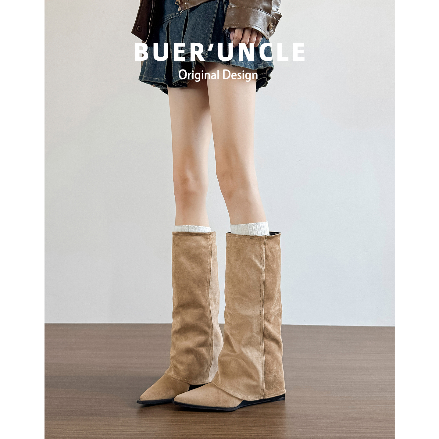 真皮~不二鞋坊坡跟高筒裤管靴女不过膝高跟长靴尖头辣妹风长筒靴主图