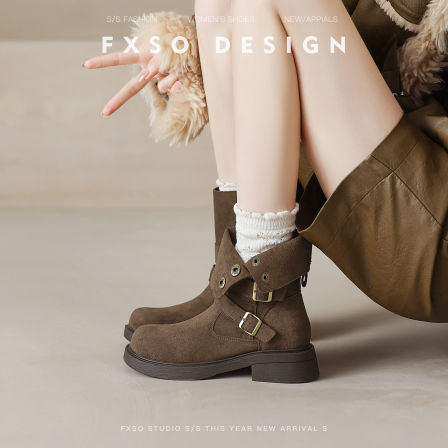 真皮版【方巷大叔】2025秋新款皮带扣两穿骑士马丁靴女爆款短靴女