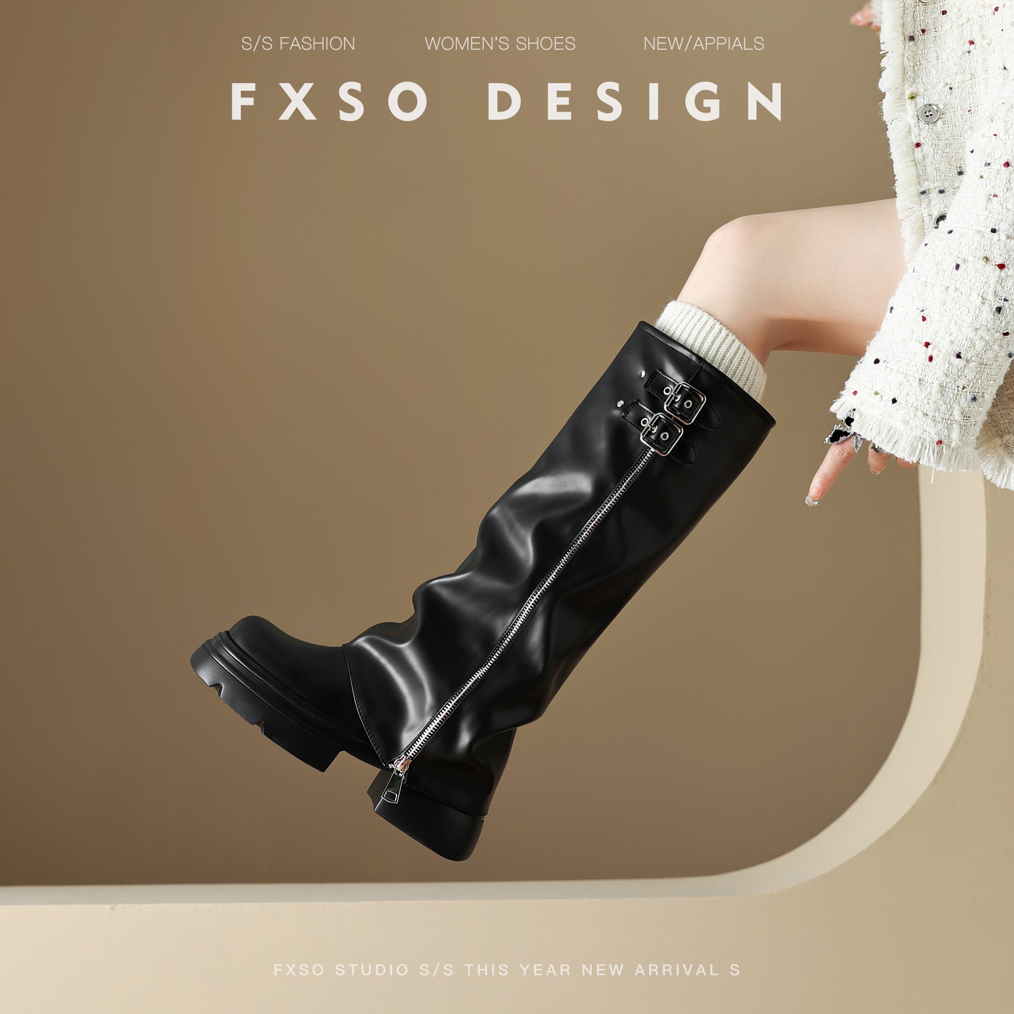 真皮FXSO方巷裤管靴女款2025秋冬黑色显瘦长靴厚底长筒靴骑士靴子主图