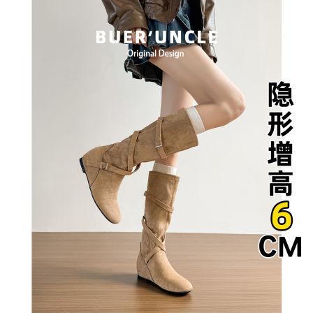 羊皮版~6cm内增高长筒靴女秋冬美拉德堆堆靴高筒骑士靴不过膝长靴