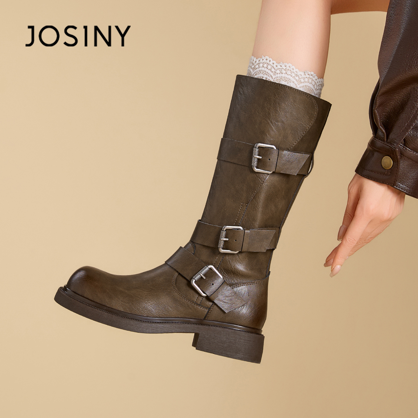 卓诗尼废土风西部牛仔靴粗跟中筒靴女秋冬棕色骑士靴皮带扣马丁靴主图