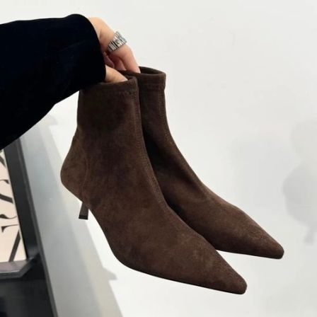 2025秋冬气质细跟加绒裸靴套筒弹力瘦瘦靴子小猫跟尖头绒面短靴女