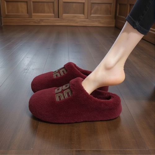 羊羔绒厚底毛毛拖鞋女外穿2025年新款秋季红色字母加绒保暖棉拖鞋主图
