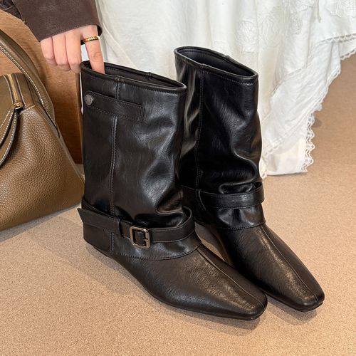 elingstudio 随性舒适！卡其方头粗跟裤管靴女2025新款秋冬中筒靴主图