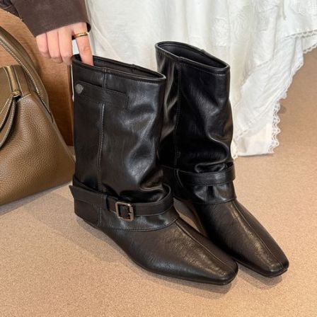 elingstudio 随性舒适！卡其方头粗跟裤管靴女2025新款秋冬中筒靴