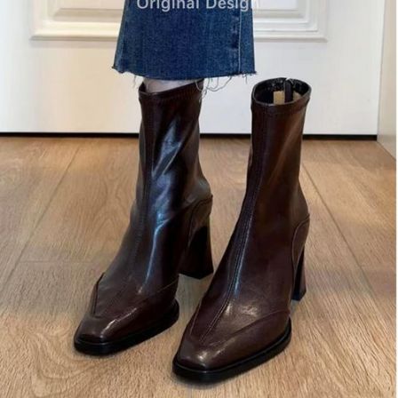 羊皮版！真皮高跟短靴弹力瘦瘦靴女后拉链洋气通勤百搭马丁靴靴女