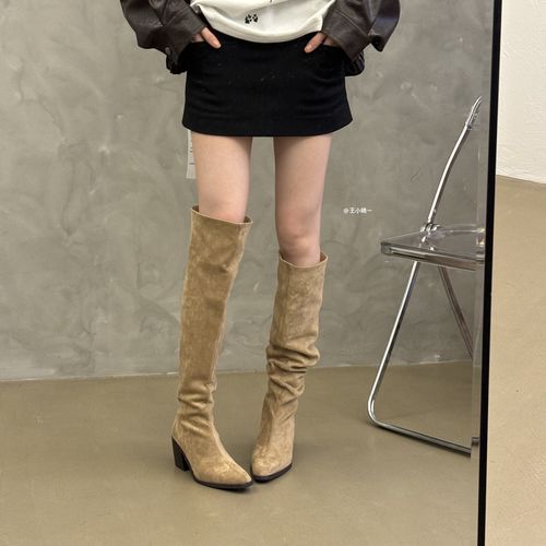 2025年秋冬新品一靴多穿显瘦咖色粗跟褶皱堆堆靴软底过膝长筒靴女主图