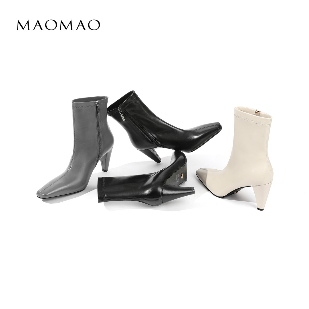 【跟高7cm】2025年秋冬新款纯色方头弹力靴高跟靴侧拉链简约百搭女主图