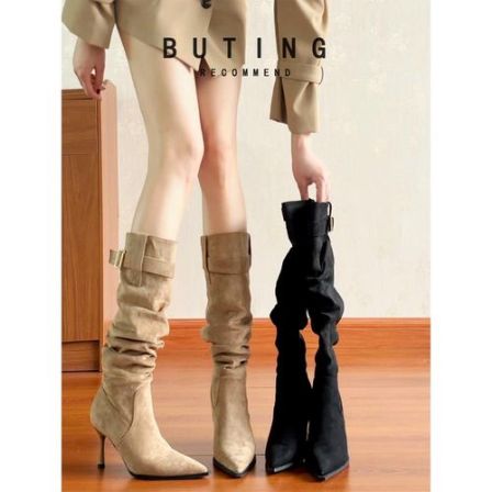 软皮尖头细跟显瘦长靴女2025秋冬堆堆靴气质高跟长筒靴褶皱瘦瘦靴