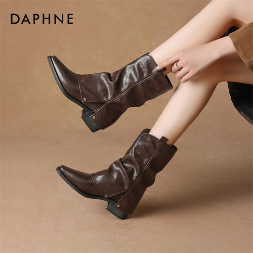 达芙妮尖头裤管靴女炸街棕色小短靴2025秋冬新款骑士马丁靴中筒靴主图
