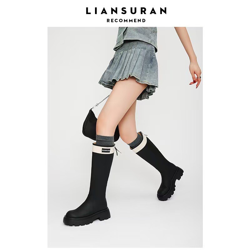2025秋冬新款小个子时尚厚底高筒靴时尚百搭黑色高筒靴主图