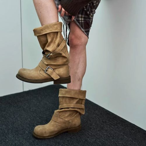 明星同款皮带扣堆堆靴粗跟复古做旧中筒靴韩版靴子小众工装靴女主图