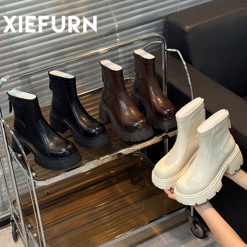 XIEFURN/鞋夫人马丁靴女2025秋冬新款厚底增高后拉链百搭瘦瘦靴主图