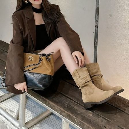 【平增高8cm】7美拉德V口堆堆靴女中筒显瘦褶皱复古女靴