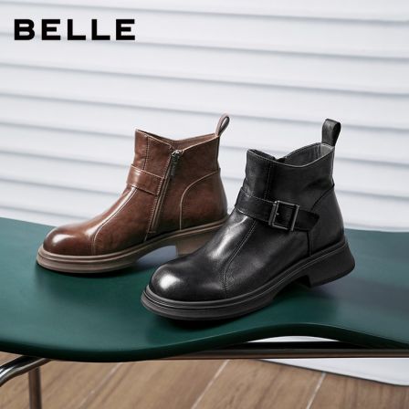 【很高兴专属】百丽复古羊皮靴女25冬新抓皱真皮时装靴E8P1DDD5