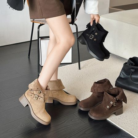 马丁靴女2025秋冬新款方头粗跟短靴显瘦美拉德复古翻边爆款堆堆靴