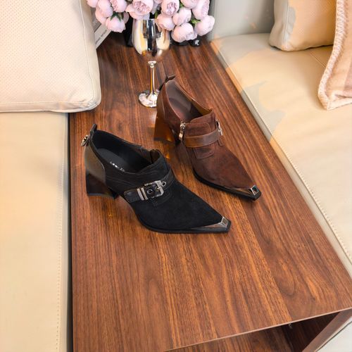 范戈希羊皮跟高5/7单鞋防滑气质女鞋软底搭扣深口黑色高跟买1赠3主图