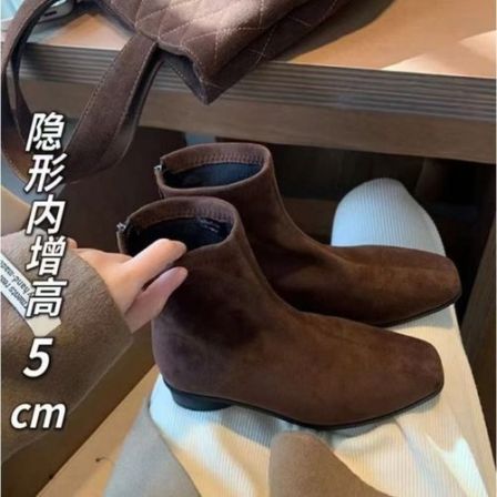 小个子粗跟短靴内增高5cm法式方头复古棕色绒面拉链平底马丁靴女