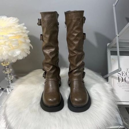 短靴高筒靴时装靴圆头不过膝骑士靴黑色厚底靴子英伦风皮带扣大码