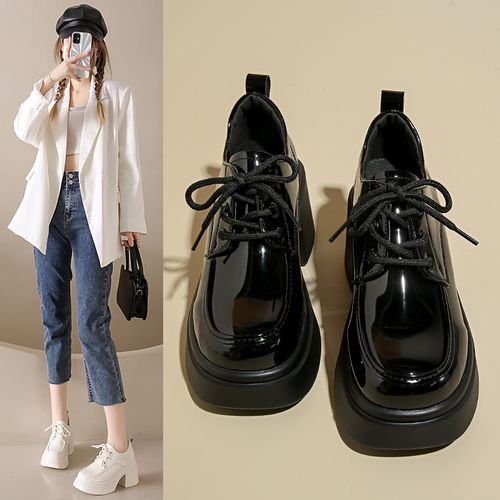小个子真皮内增高小皮鞋女2025年新款百搭松糕厚底乐福鞋漆皮单鞋主图