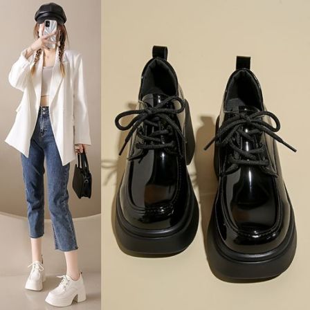 小个子真皮内增高小皮鞋女2025年新款百搭松糕厚底乐福鞋漆皮单鞋