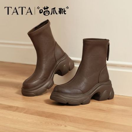【琥珀流光】TATA他她2025新款喵爪弹力瘦瘦厚底时装短靴女CEG07DZ5