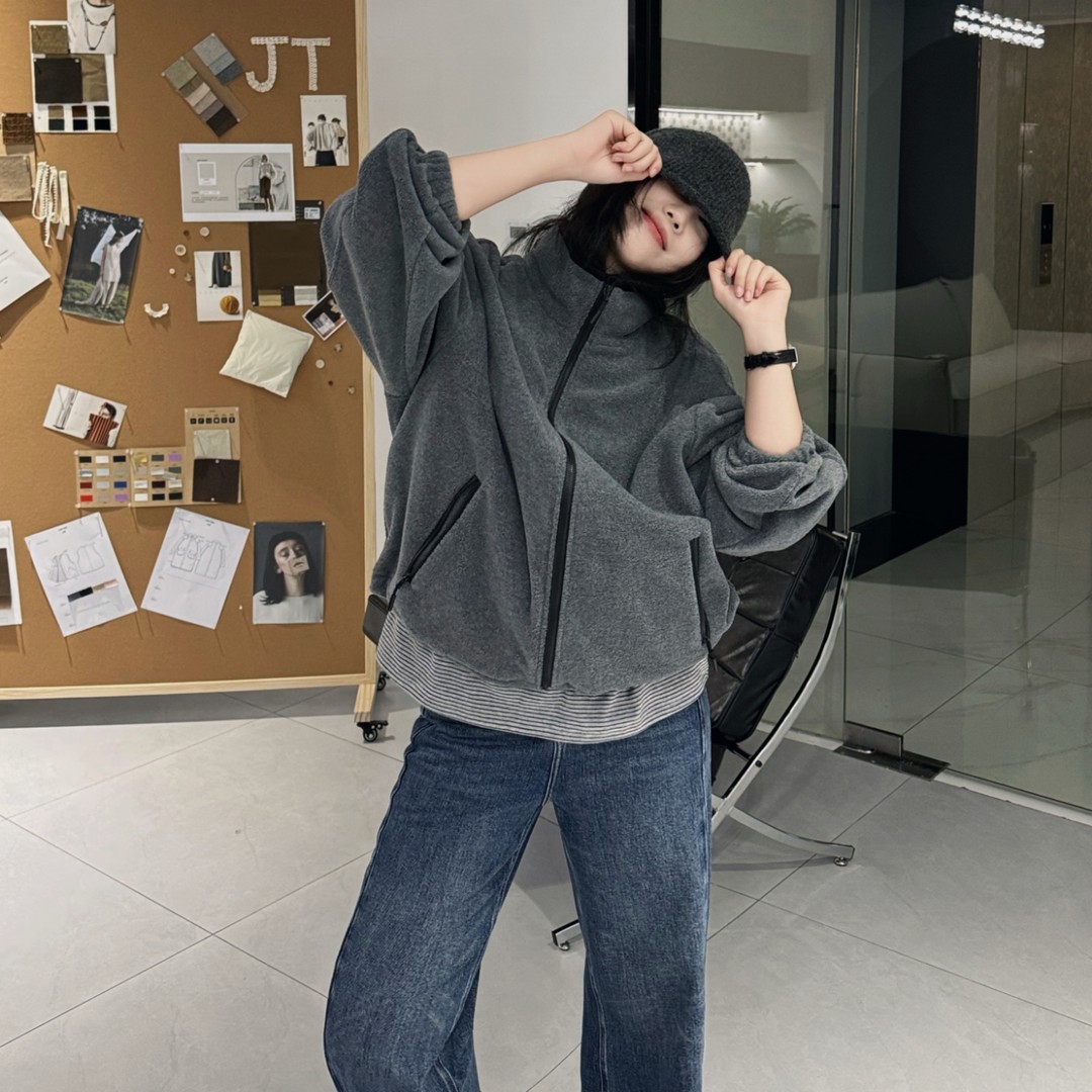 今婷冬季韩系时尚休闲小众设计百搭双面摇粒绒立领外套-J25421308主图