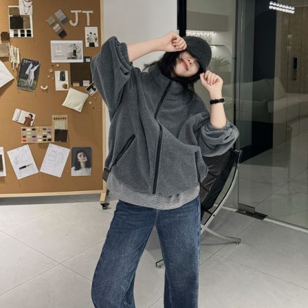 今婷冬季韩系时尚休闲小众设计百搭双面摇粒绒立领外套-J25421308