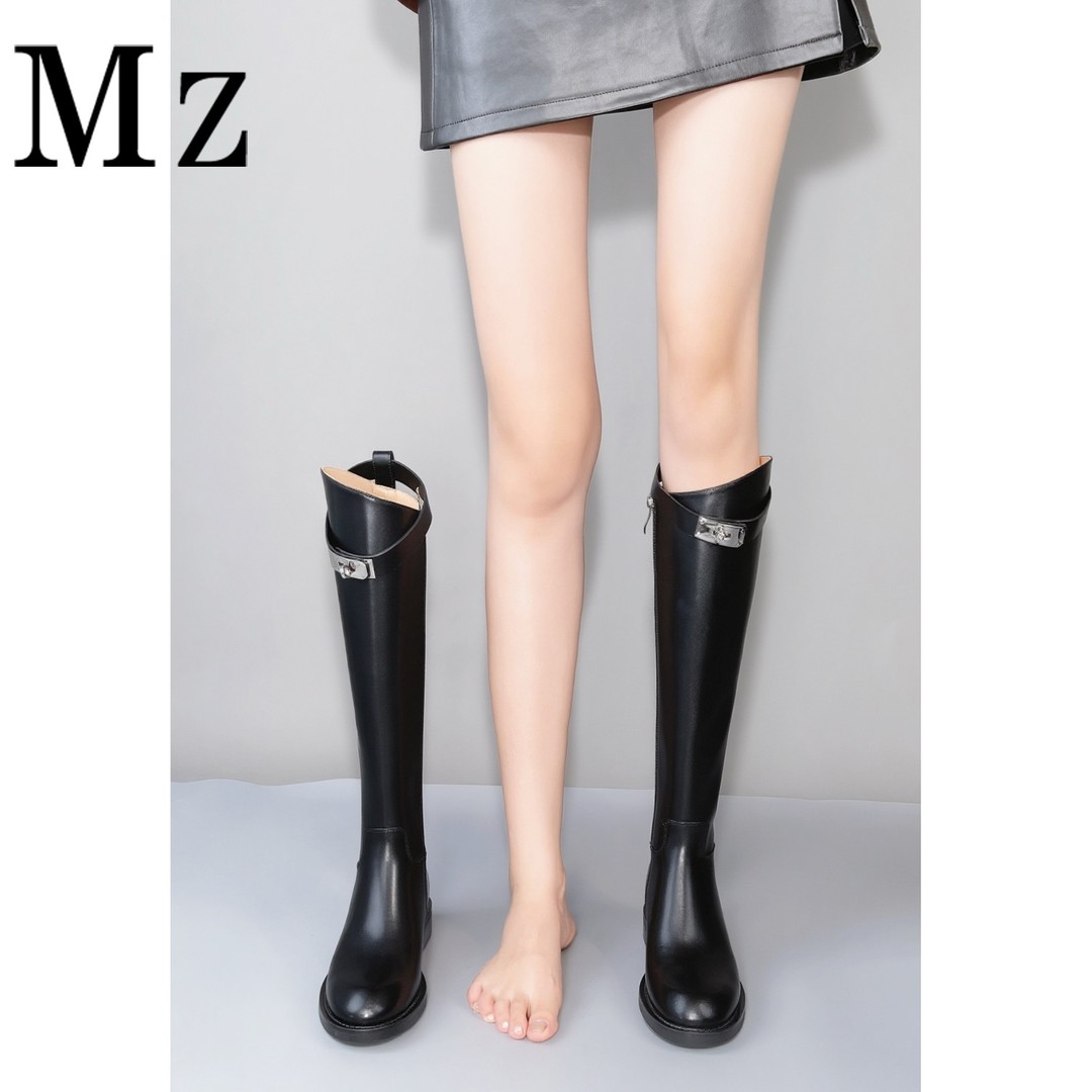 【奢品】凯莉扣/双层牛皮/水染牛皮高筒内增高不过膝长靴真皮骑士靴主图