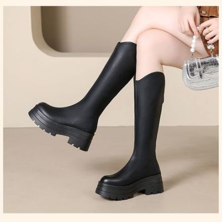 增高7cm胖瘦可选长筒时装靴秋冬款平底女靴英伦风百搭小个子骑士