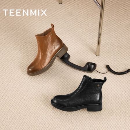 【八字显瘦靴】天美意冬商场款琥珀流光厚底复古短靴时装靴BL661DD5