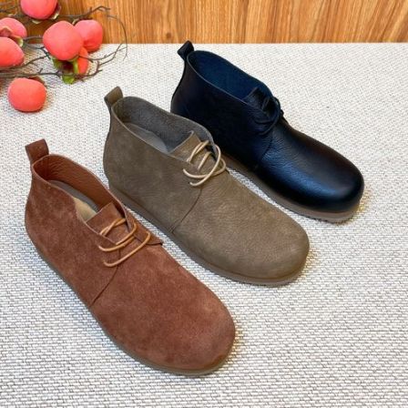 秋冬男士头层牛皮时尚系带轻便皮靴高帮休闲素面软底马丁靴圆头